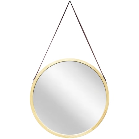 Pinewood Wall Mirror - 18 Round Wall Mirror, Light Wood Frame, Leather Strap For Hanging